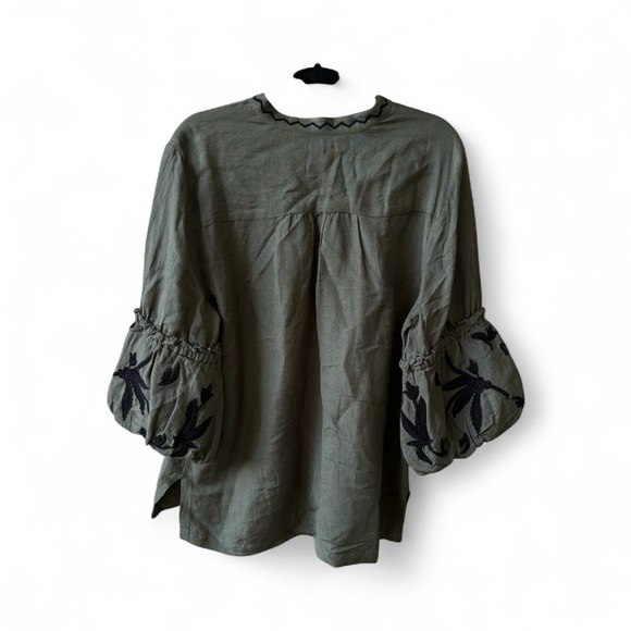 Chico’s size 2  Linen Blouse Boho puffy sleeves L 12 Women’s beaded Green boho - Picture 3 of 11